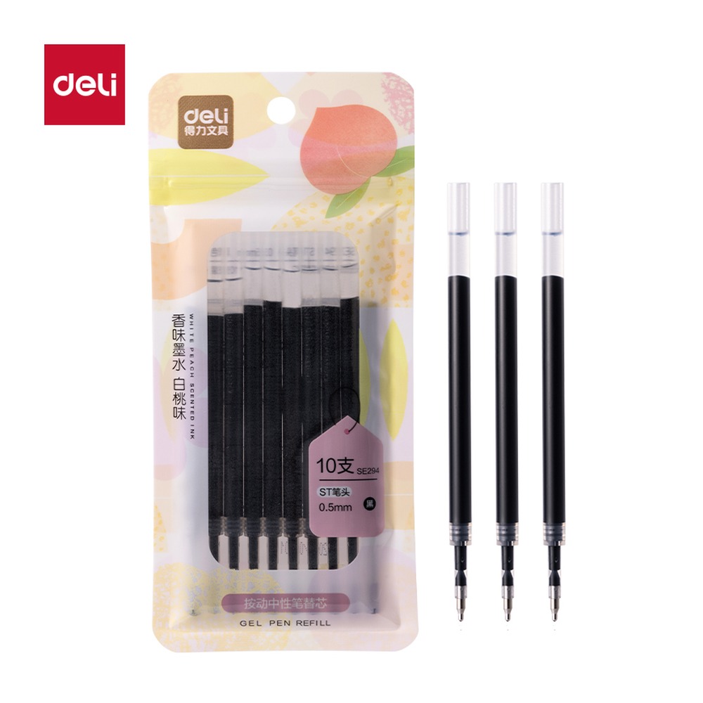DELI/得力 果香味中性笔替芯按动 SE294 颜色:黑；尺寸:0.5mm；包装:10支/袋；笔芯规格:0.5mm按动ST头 单位:袋