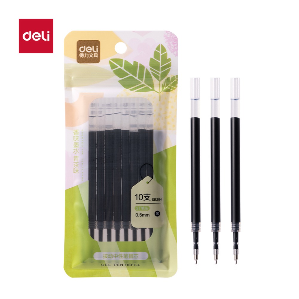 DELI/得力 茶香味中性笔替芯按动 SE294 颜色:黑；尺寸:0.5mm；包装:10支/袋；笔芯规格:0.5mm按动ST头 单位:袋