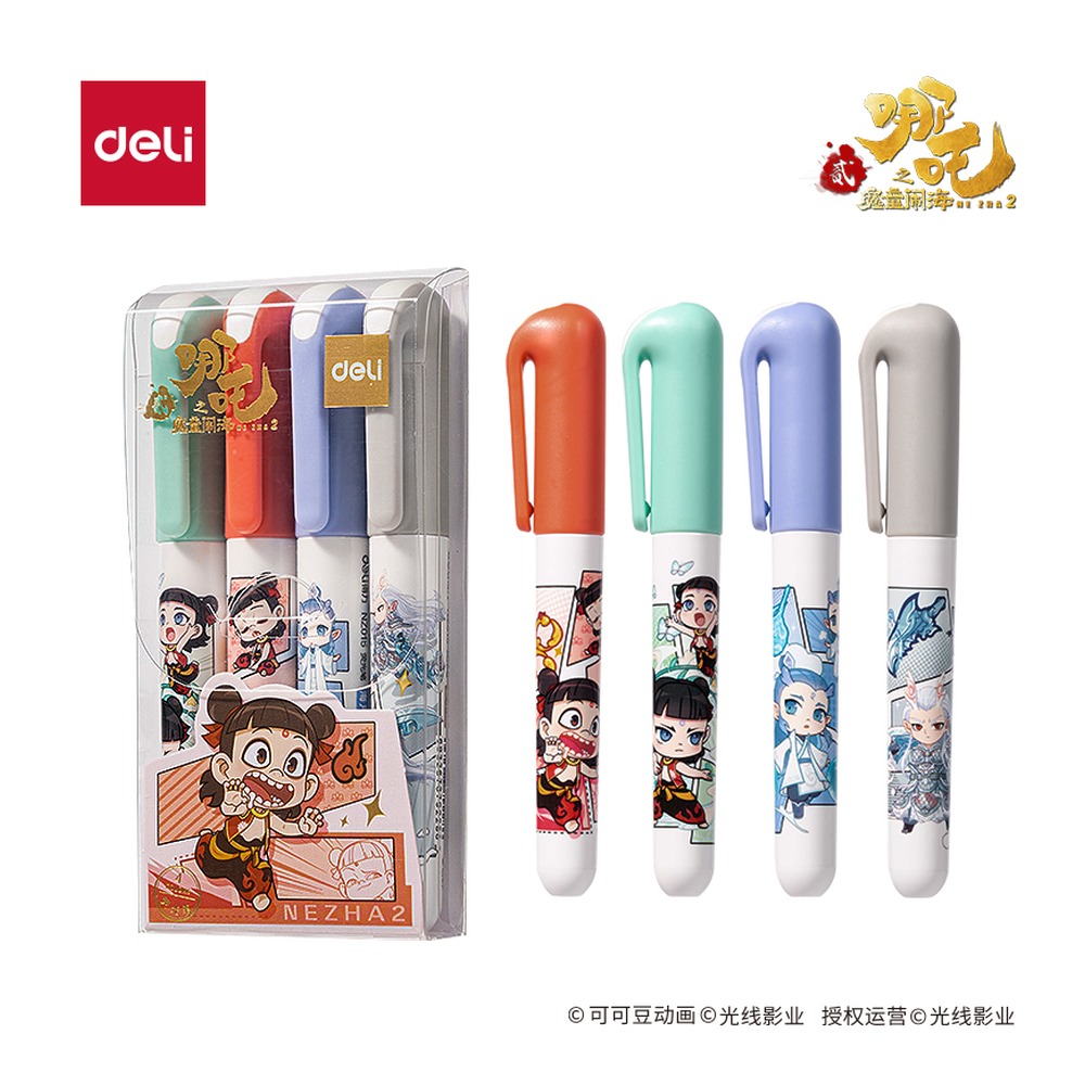 DELI/得力 哪吒IP荧光笔 NZ015 颜色:混；包装:4支/盒；适用:哪吒IP 单位:盒