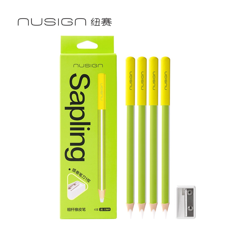 DELI/得力 粗杆橡皮笔 NS798 规格:4枚橡皮笔+卷笔刀；颜色:绿色；材质:根木笔杆+TPE；尺寸:10mmx168mm (单支)；结构:粗杆 单位:盒