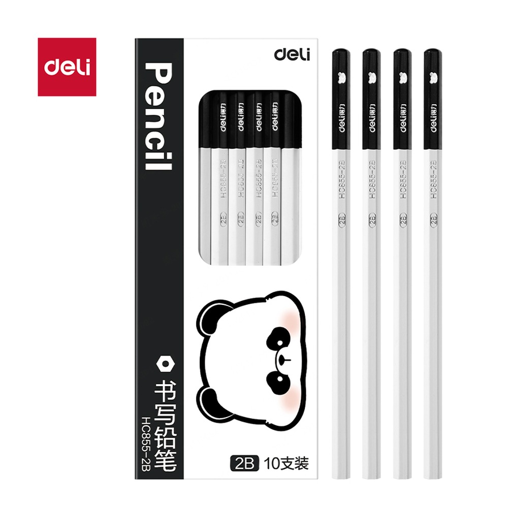 DELI/得力 熊猫系列六角杆黑木书写铅笔2B HC855-2B 颜色:混；材质:黑木；容量:556 GB；包装:10支/盒；结构:六角杆；适用:2B 单位:盒