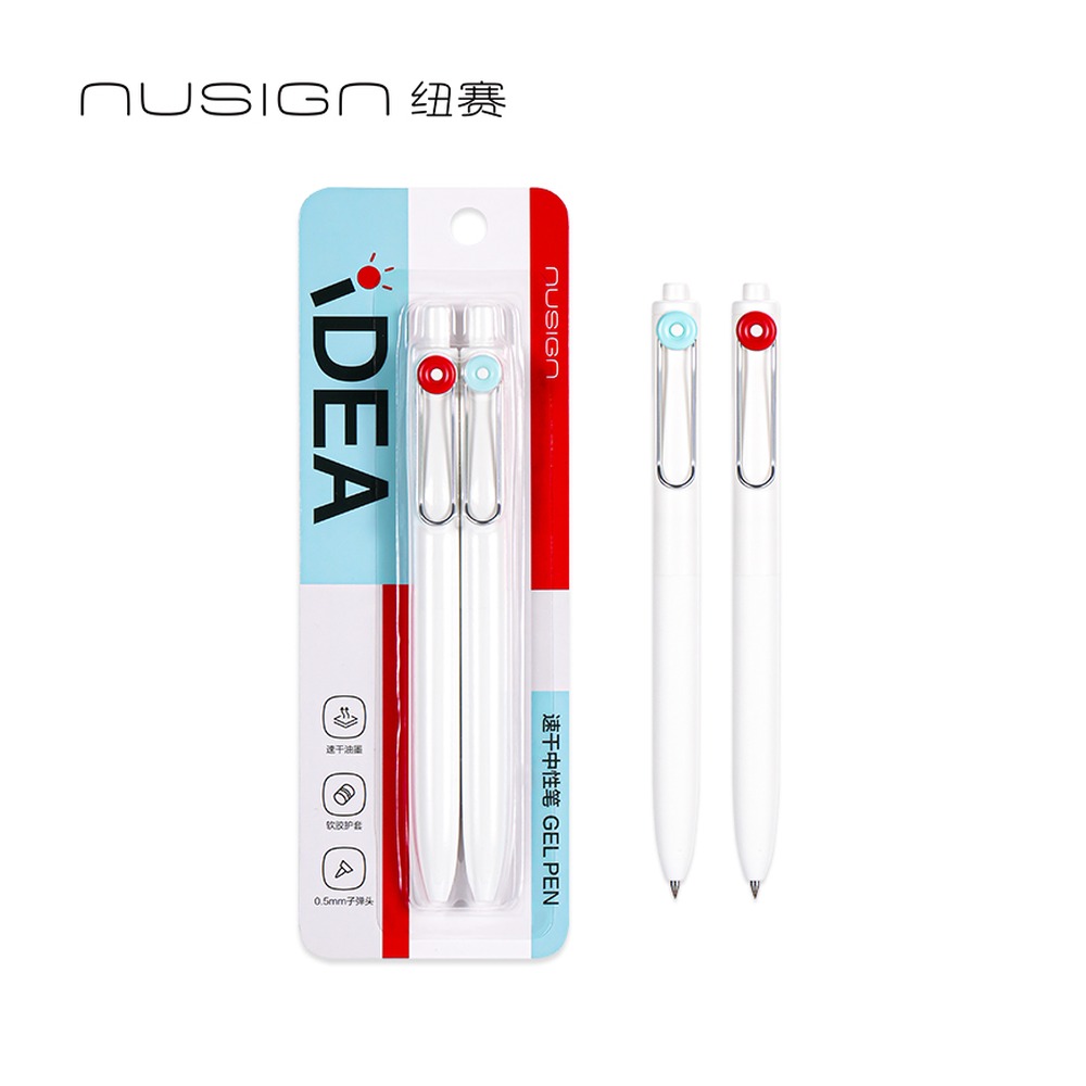 DELI/得力 IDEA速干按动中性笔 NS670-1 规格:0.5mm子弹头；颜色:红色+蓝色；尺寸:0.5mm；包装:2支/卡；笔芯规格:0.5mm子弹头 单位:卡