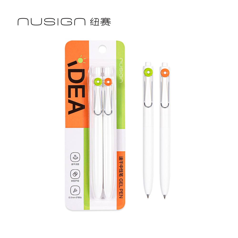 DELI/得力 IDEA速干按动中性笔 NS670-1 规格:0.5mm子弹头；颜色:绿色+楼色；尺寸:0.5mm；包装:2支/卡；笔芯规格:0.5mm子弹头 单位:卡