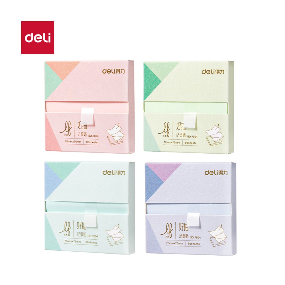 DELI/得力 抽取式记事贴 7604 颜色:红、绿、蓝、紫；尺寸:76mm；包装:盒装；结构:80张；笔芯规格:76mm 单位:袋