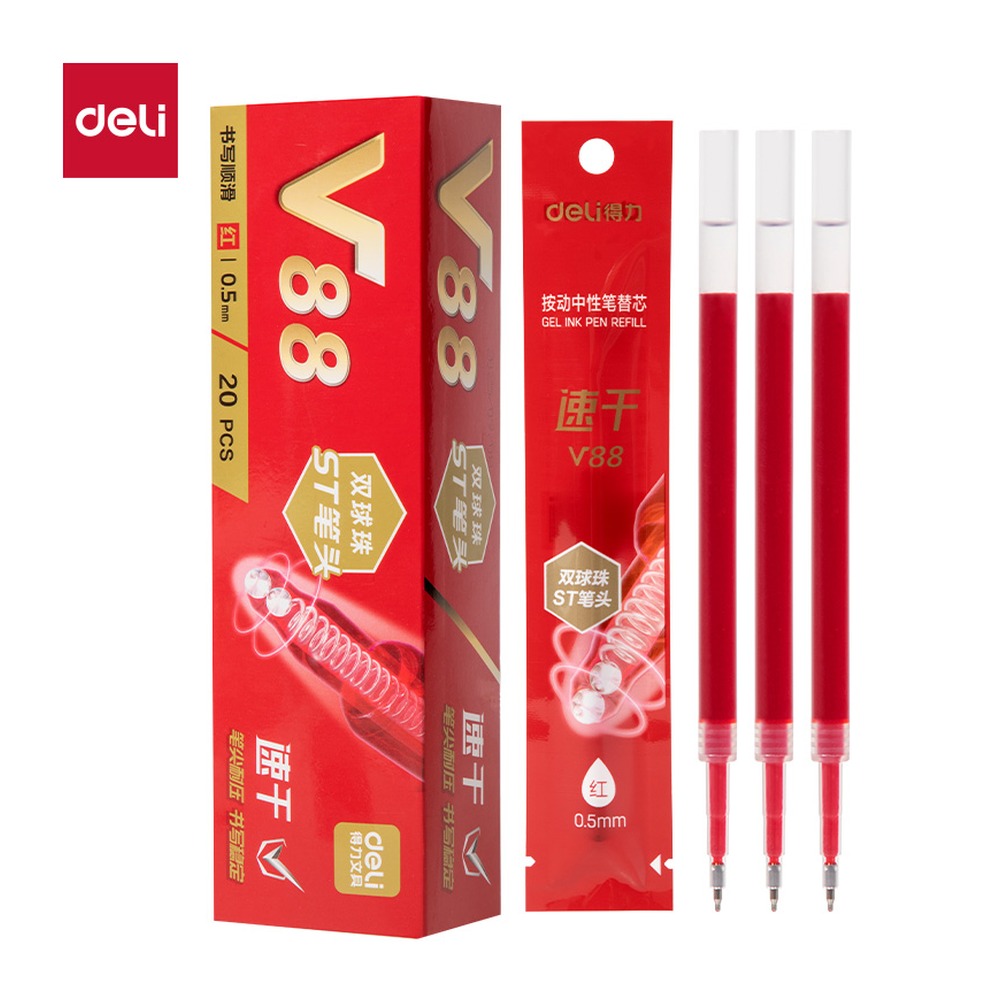 DELI/得力 连中三元速干按动中性笔替芯 V88 颜色:红；尺寸:0.5mm；笔芯规格:0.5mm 单位:支