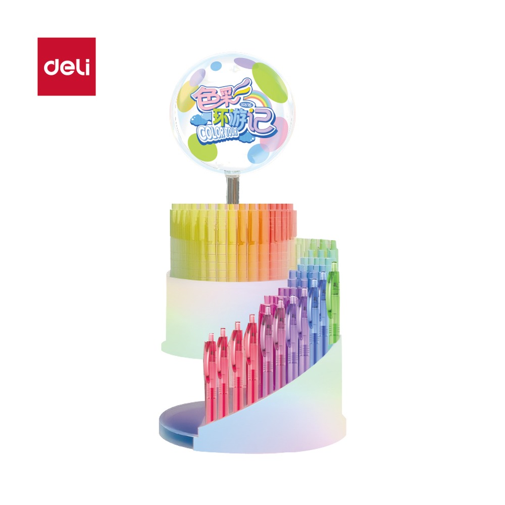 DELI/得力 中性笔按动子弹头展架 SG516 颜色:混；尺寸:0.5mm；包装:144支/架；结构:按动子弹头；笔芯规格:0.5mm 单位:套