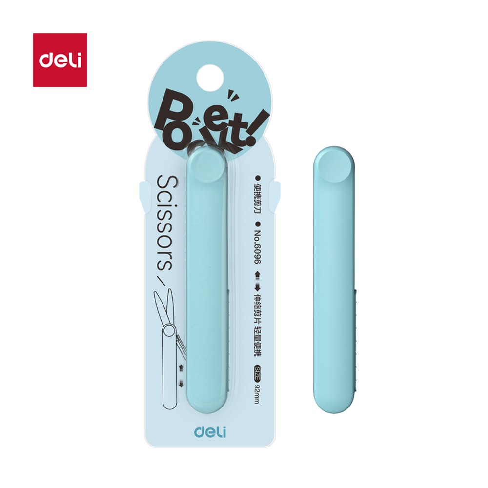 DELI/得力 便携剪刀 6096 颜色:蓝；材质:ABS+2Cr13；尺寸:92mm；笔芯规格:92mm 单位:把