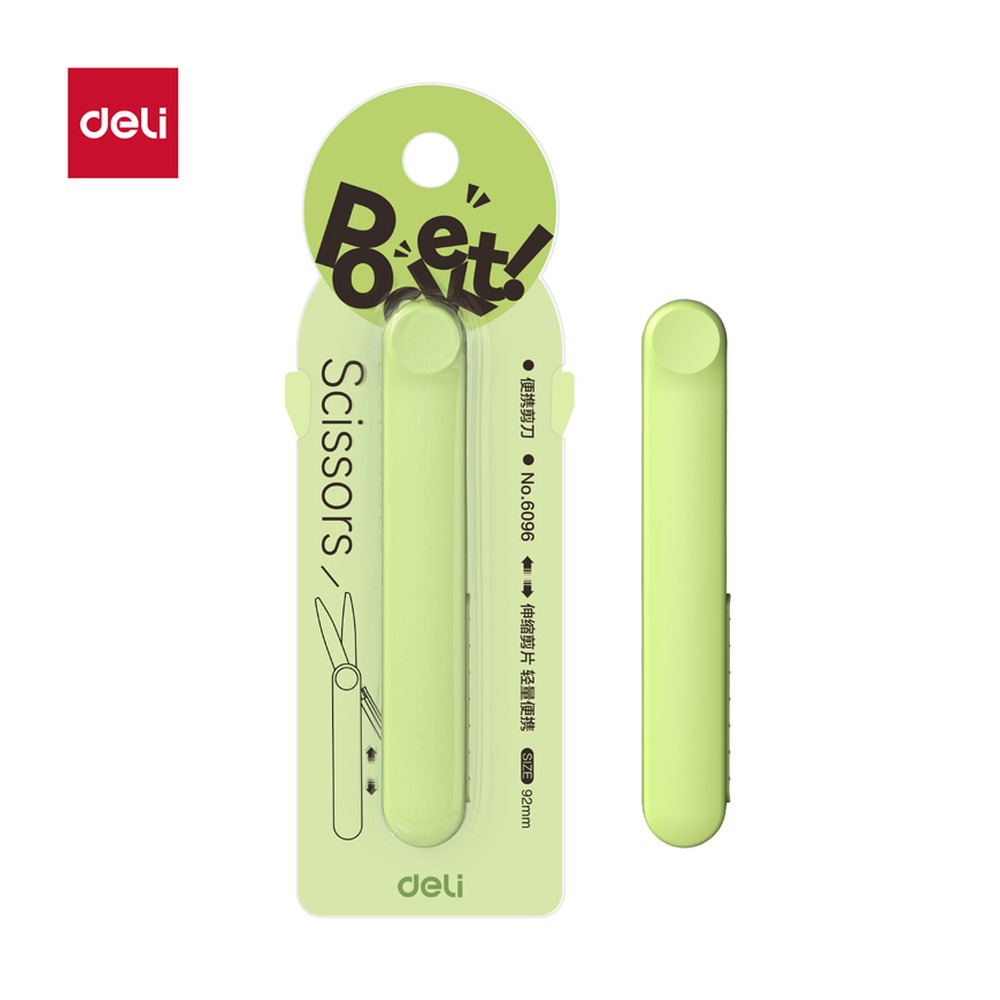 DELI/得力 便携剪刀 6096 颜色:绿；材质:ABS+2Cr13；尺寸:92mm；笔芯规格:92mm 单位:把