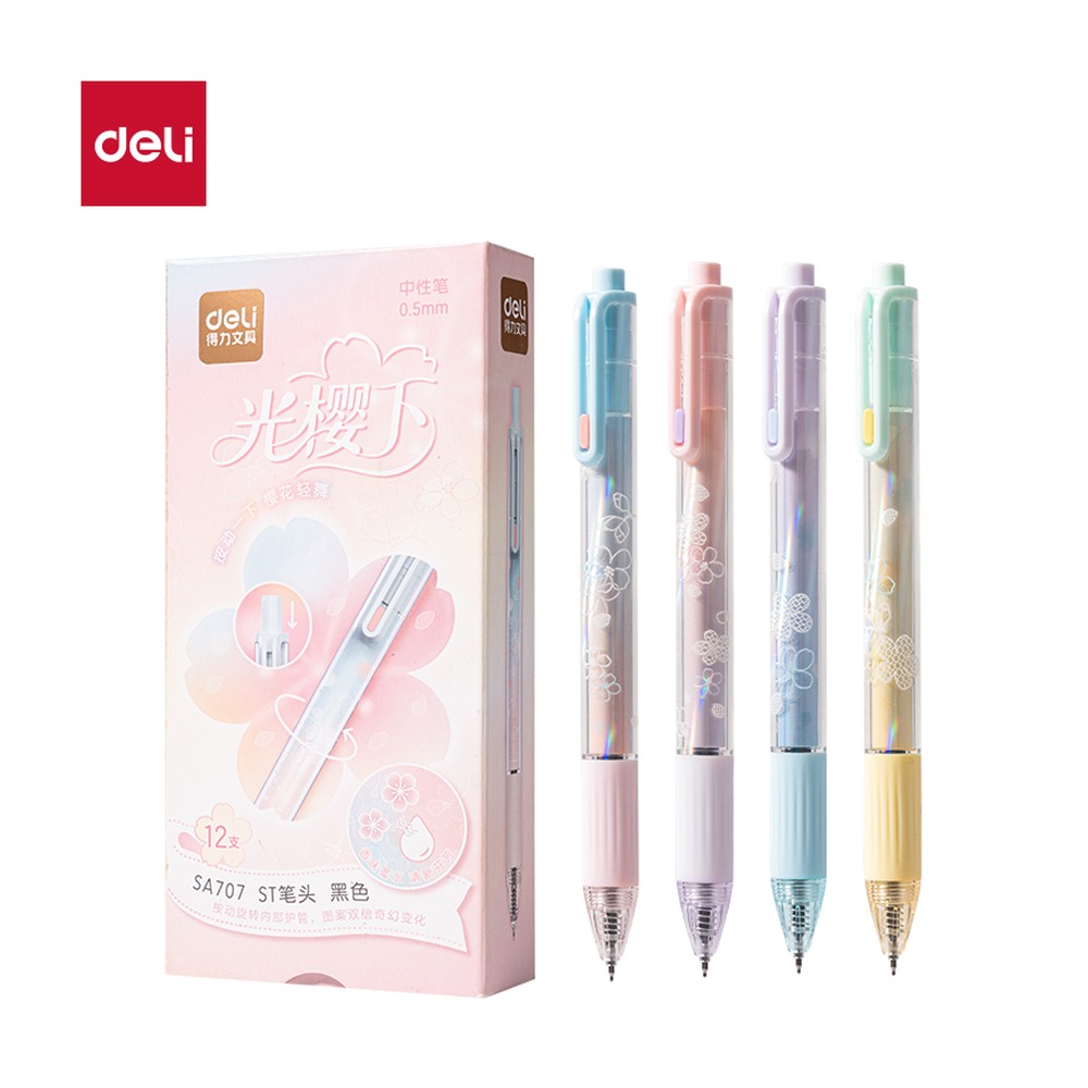DELI/得力 樱花系列香味按动中性笔 SA707 颜色:黑；尺寸:0.5mm；结构:ST笔头；笔芯规格:0.5mm 单位:支