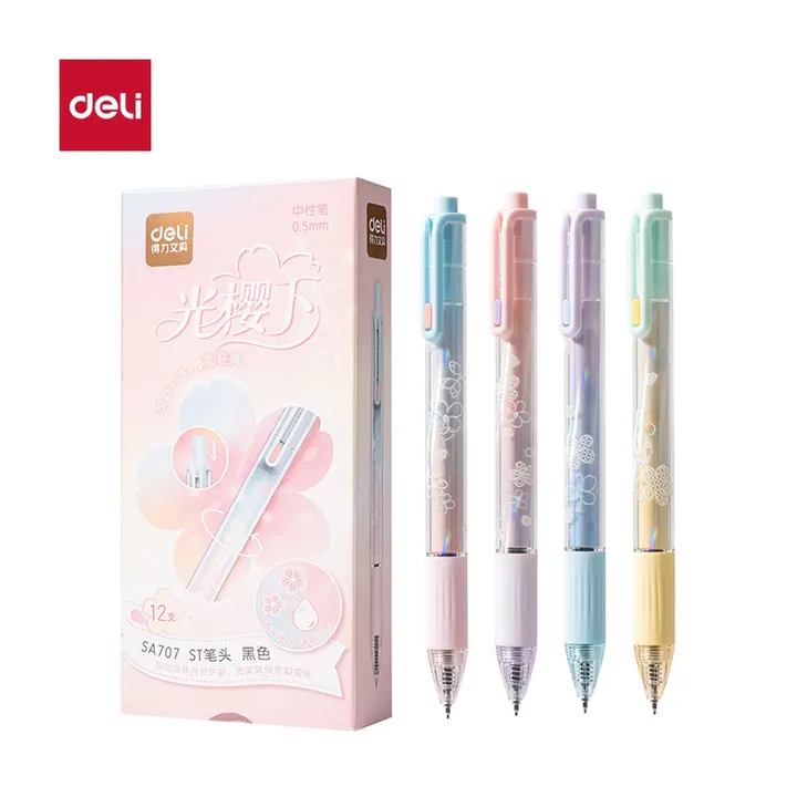 DELI/得力 樱花系列香味按动中性笔 SA707 颜色:黑；尺寸:0.5mm；结构:ST笔头；笔芯规格:0.5mm 单位:支