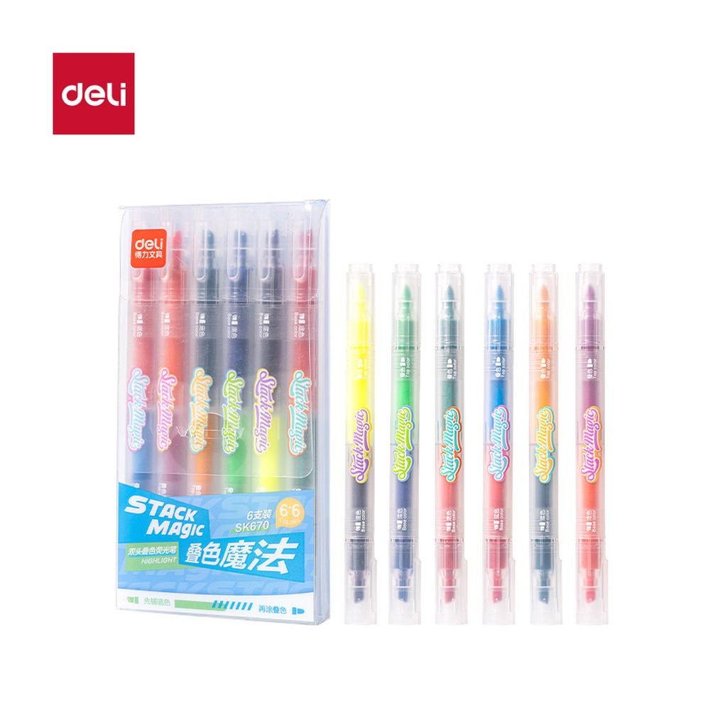 DELI/得力 双头叠色荧光笔 SK670 颜色:混；包装:6支/盒 单位:盒