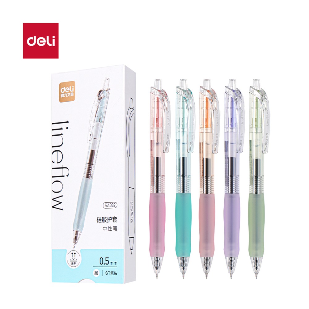DELI/得力 速干按动常规中性笔 SA382 规格:墨水颜色；颜色:黑；尺寸:0.5mm；包装:5支/盒；笔芯规格:0.5mm 单位:盒