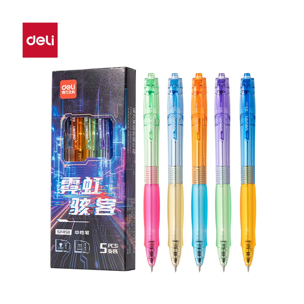 DELI/得力 速干按动中性笔 SA450 颜色:黑；尺寸:0.5mm；包装:5支/盒；笔芯规格:0.5mmST头 单位:盒