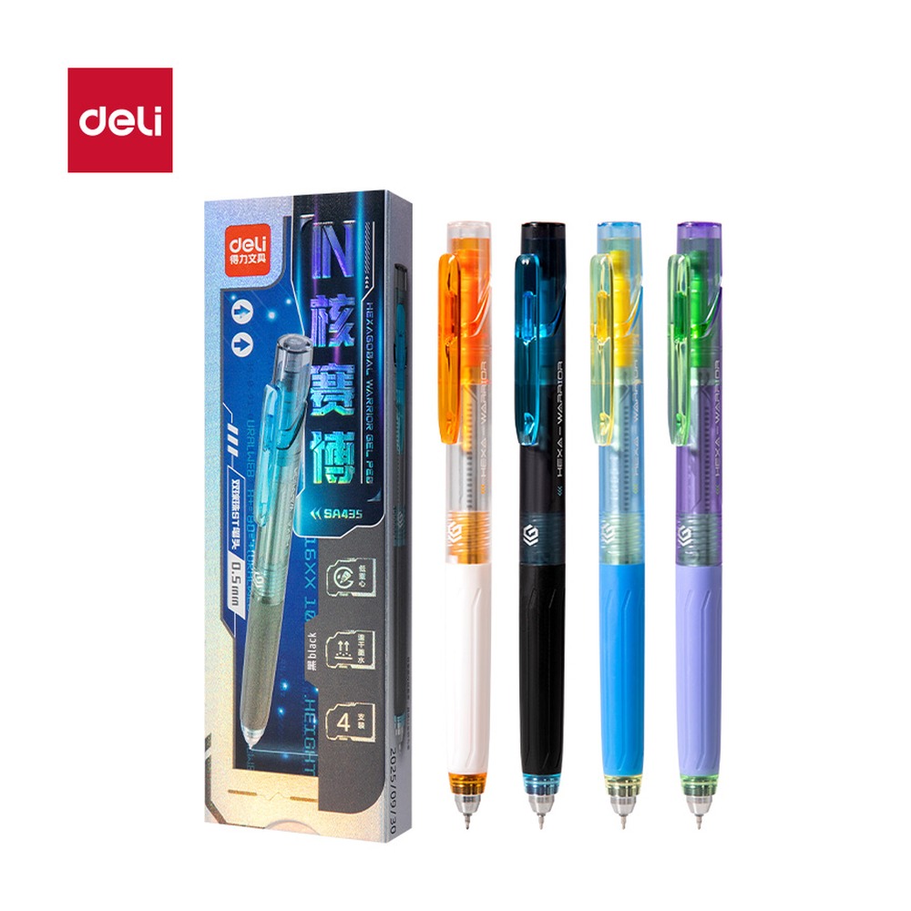 DELI/得力 速干按动中性笔 SA435 颜色:黑；尺寸:0.5mm；包装:4支/盒；笔芯规格:0.5mm双珠ST头 单位:盒