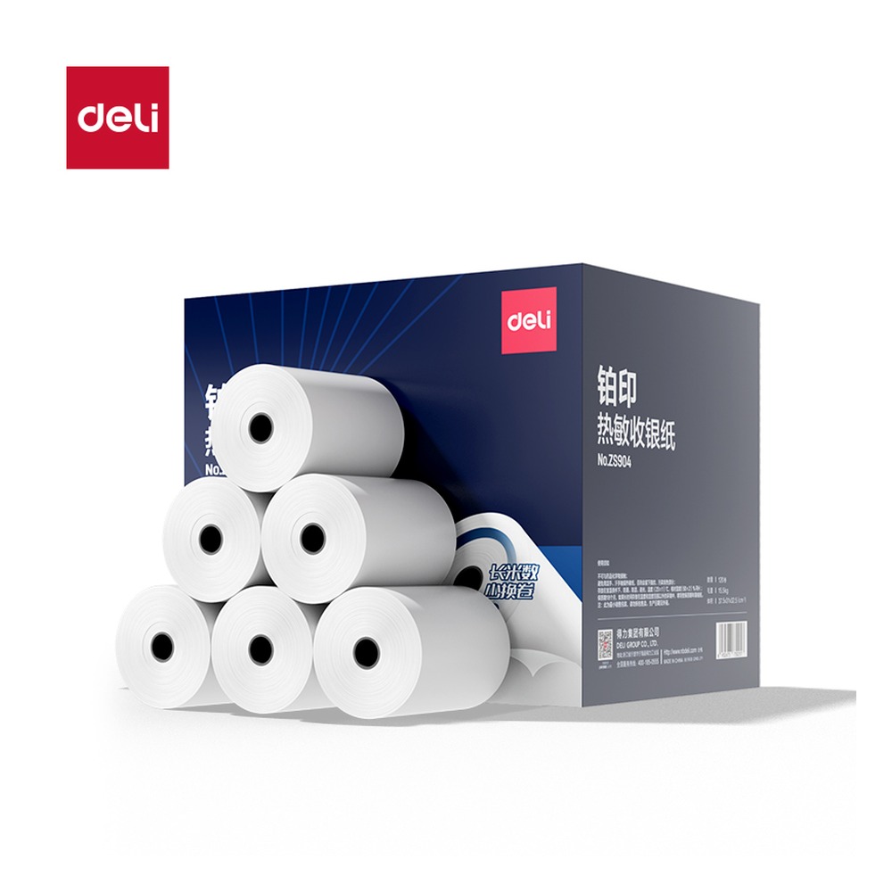 DELI/得力 铂印收银纸型 ZS904 颜色:混；尺寸:80*60型-20米/80*60；包装:120卷/箱 单位:箱