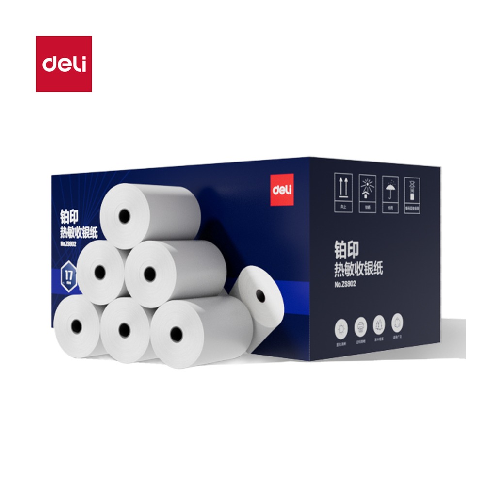 DELI/得力 铂印收银纸型 ZS902 颜色:混；尺寸:57*50型-17米/57*50；包装:200卷/箱 单位:箱