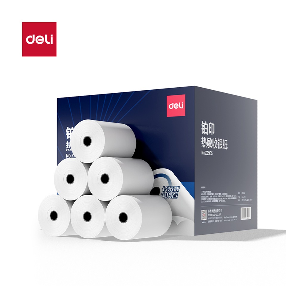 DELI/得力 铂印收银纸型 ZS905 颜色:混；尺寸:80*60型-28米/80*60；包装:120卷/箱 单位:箱