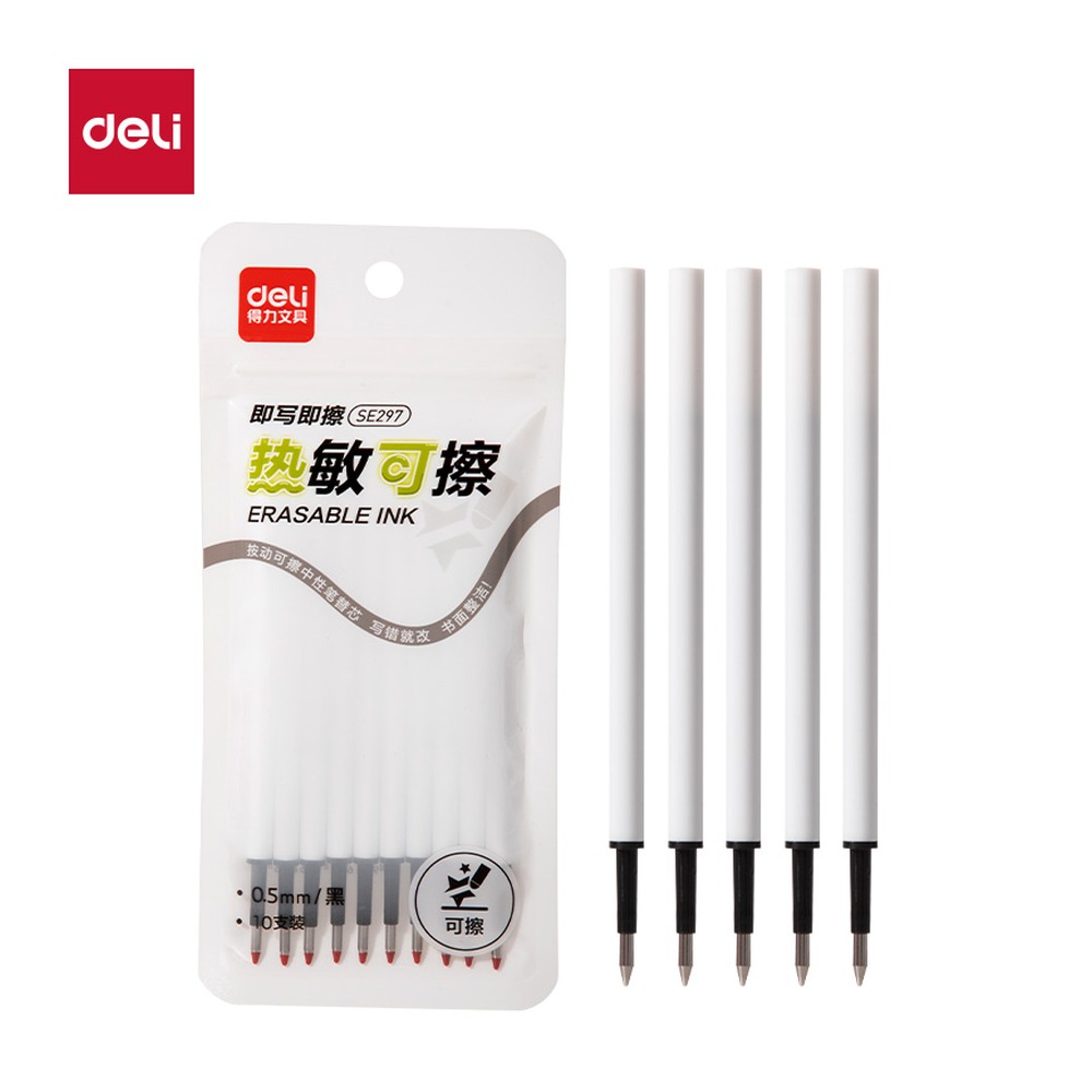 DELI/得力 按动可擦中性笔替芯 SE297 颜色:黑；尺寸:0.5mm；包装:10支/袋；笔芯规格:0.5mm 子弹头 单位:袋