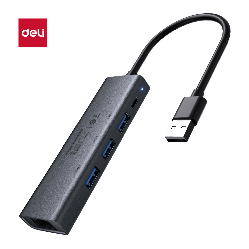 DELI/得力 拓展坞TypeC+千兆网口USB3.0 MG380 颜色:灰色；材质:铝合金；尺寸:105mm*31mm*14mm (不含线长)；容量:5Gb 单位:个