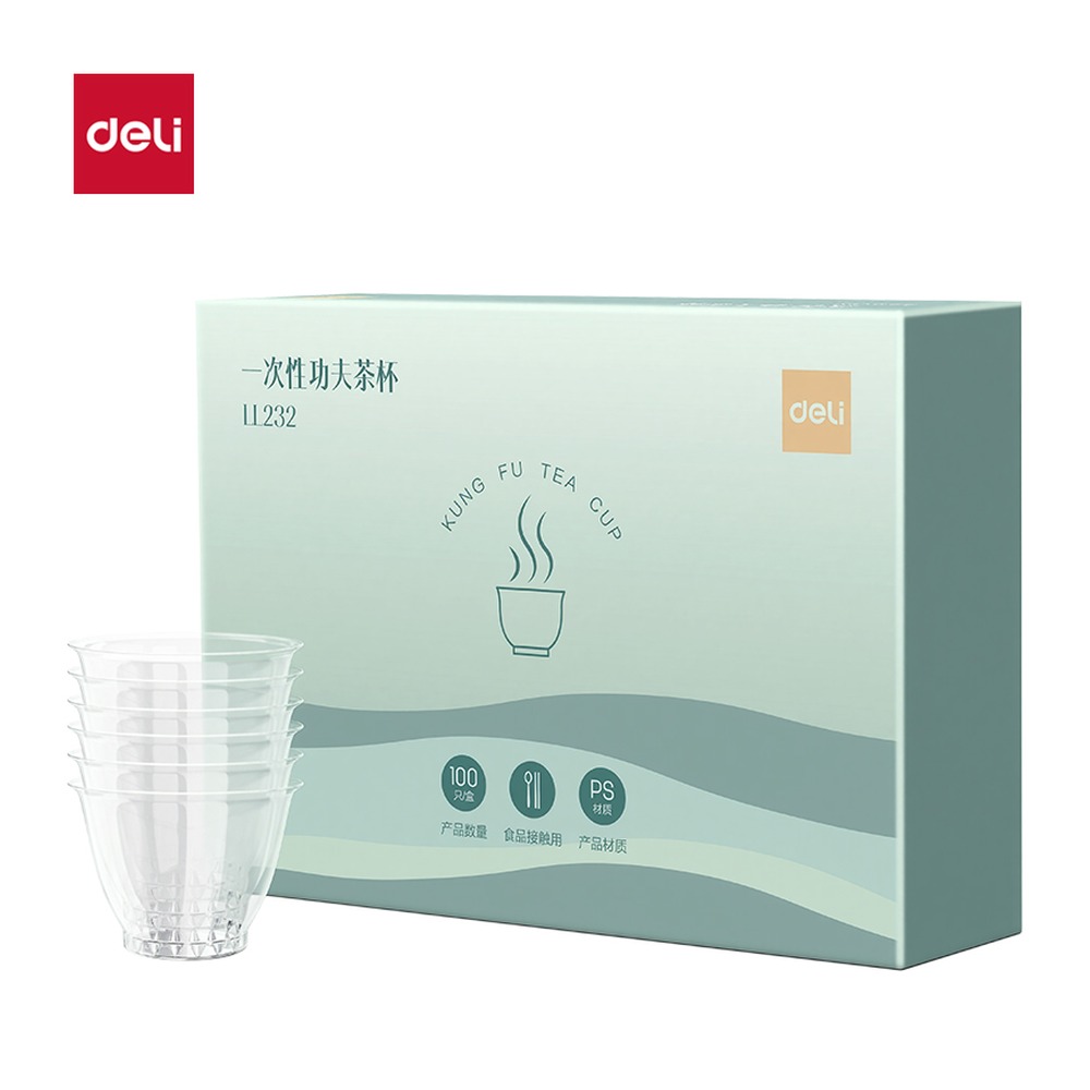 DELI/得力 一次性PS功夫茶杯 LL232 颜色:透明；尺寸:55m；容量:55mL；包装:100只/盒 单位:盒
