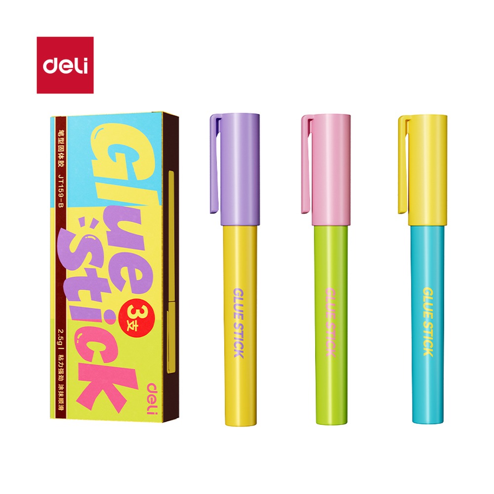 DELI/得力 笔型固体胶透明ACR JT159-B 规格:胶体颜色；颜色:混；克重:2.5g；包装:3支/盒 单位:盒