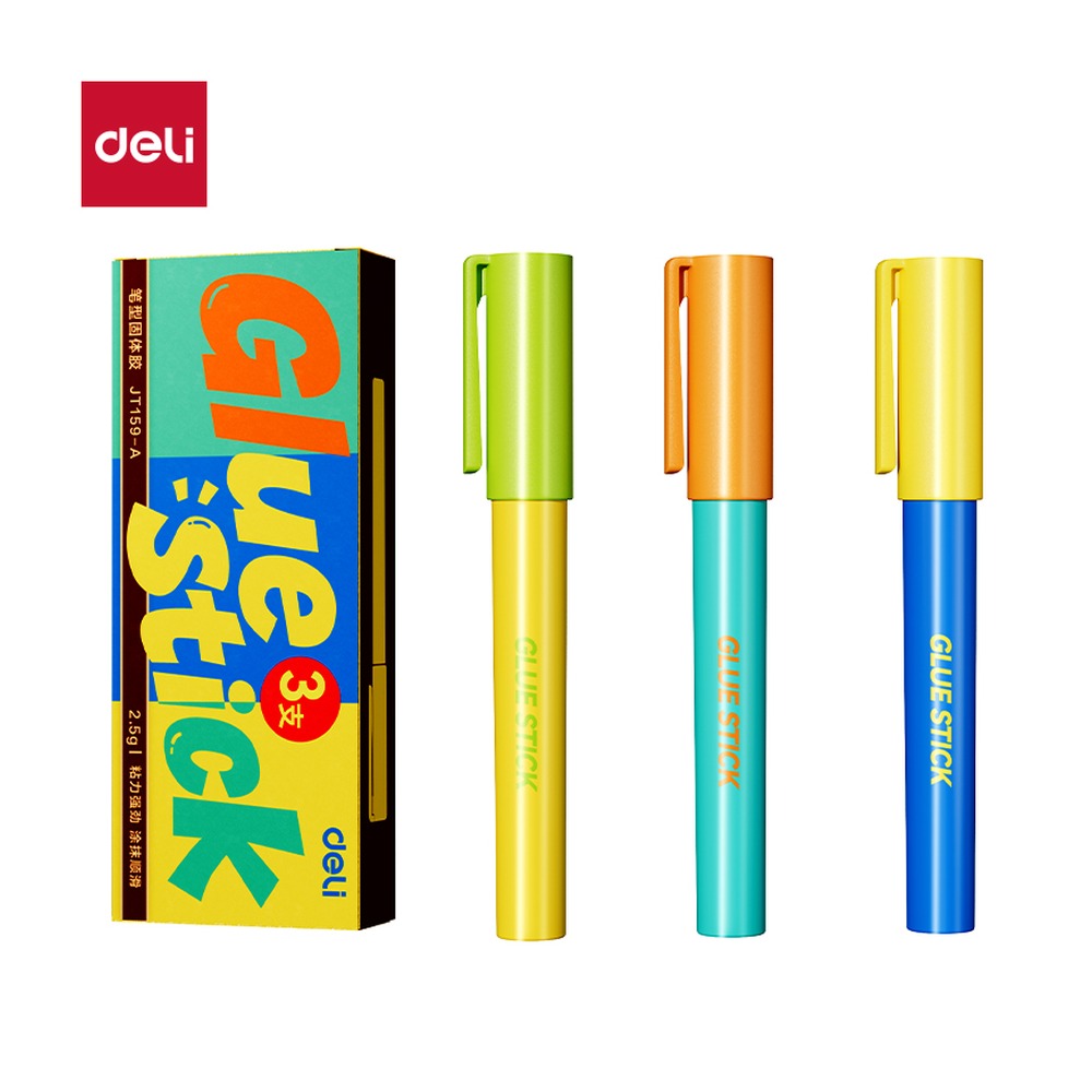 DELI/得力 笔型固体胶透明ACR JT159-A 规格:胶体颜色；颜色:混；克重:2.5g；包装:3支/盒 单位:盒