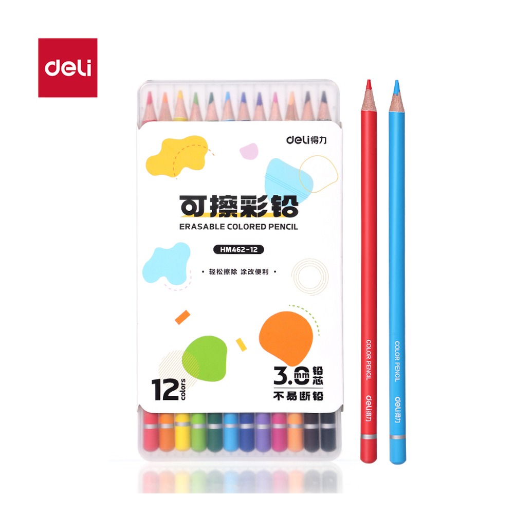 DELI/得力 圆杆可擦彩铅 HM462-12 颜色:混；包装:12色/盒 单位:盒