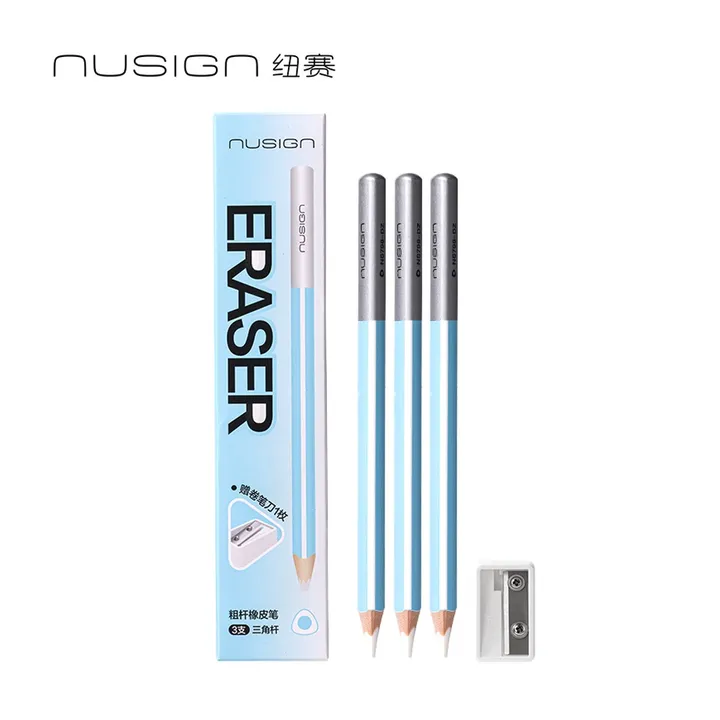DELI/得力 三角款粗杆橡皮笔 NS798-DZ 规格:3支橡皮笔+卷笔刀；颜色:蓝色；材质:要木笔杆+TPE；尺寸:10mmx168mm (单支)；结构:三角款粗杆 单位:盒