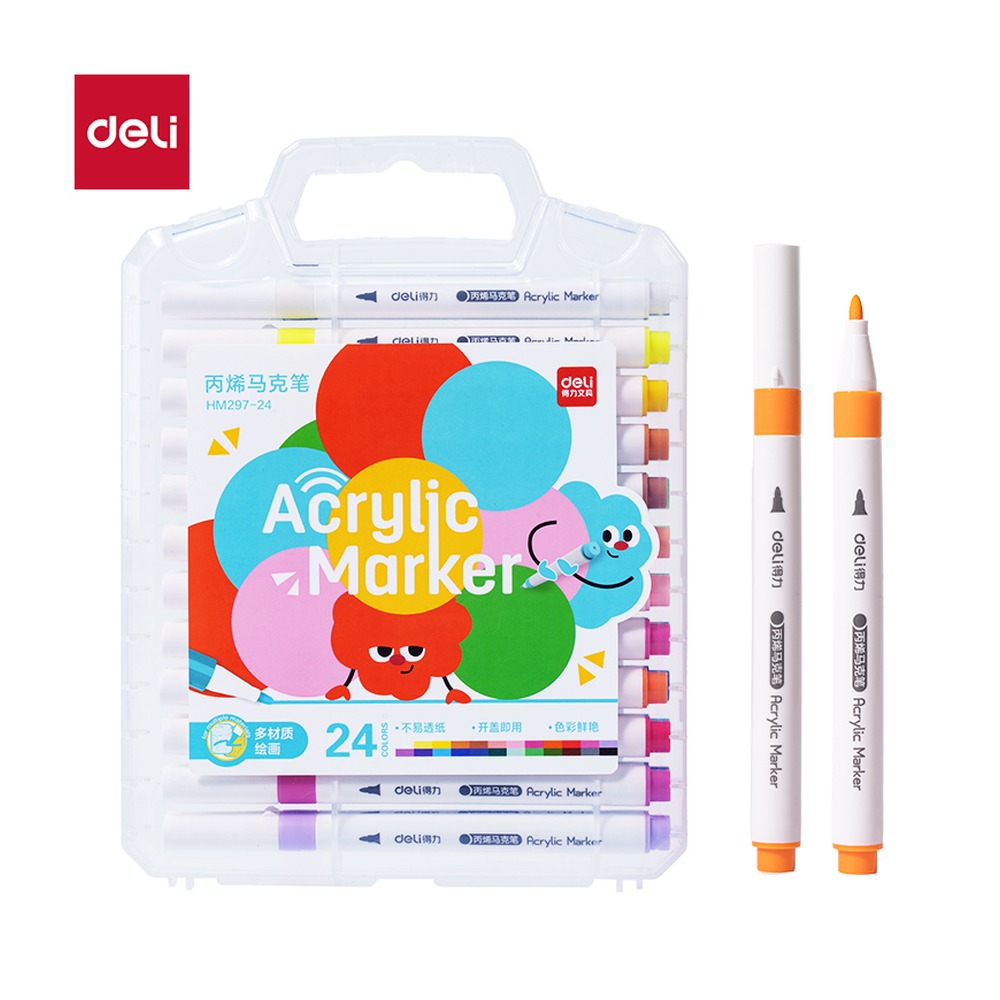 DELI/得力 盒圆杆丙烯马克笔 HM297-24 规格:(300*197*28) mm 一；颜色:混；材质:PP；包装:24色/盒；结构:圆杆 单位:盒