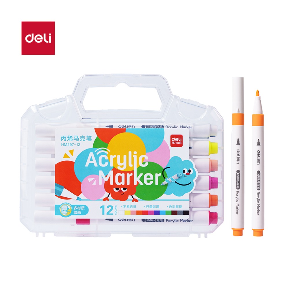 DELI/得力 盒圆杆丙烯马克笔 HM297-12 规格:(300*197*28) mm 一；颜色:混；材质:PP；包装:12色/盒；结构:圆杆 单位:盒