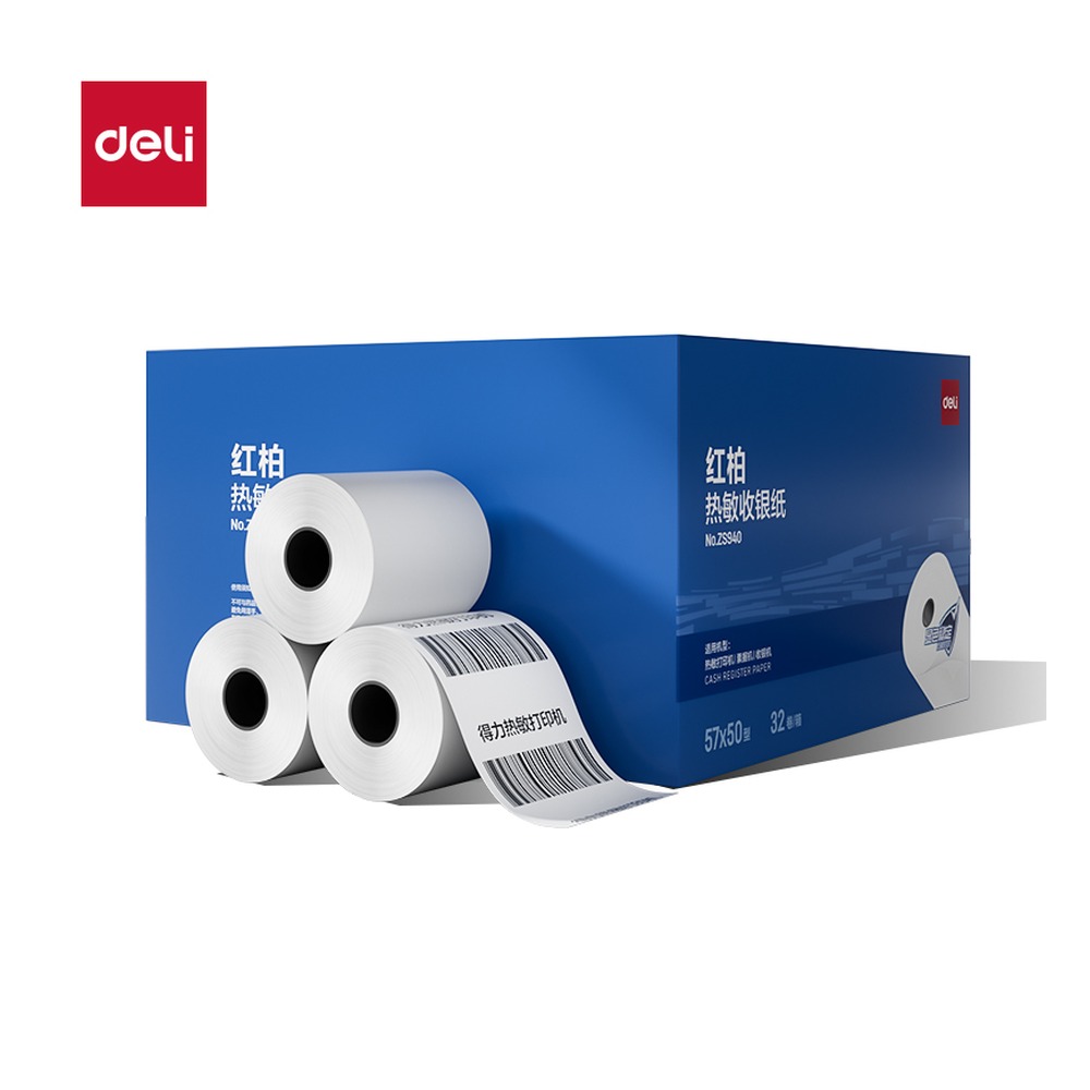 DELI/得力 红柏热敏收银纸型 ZS940 颜色:混；尺寸:57*50；包装:32卷/箱 单位:箱