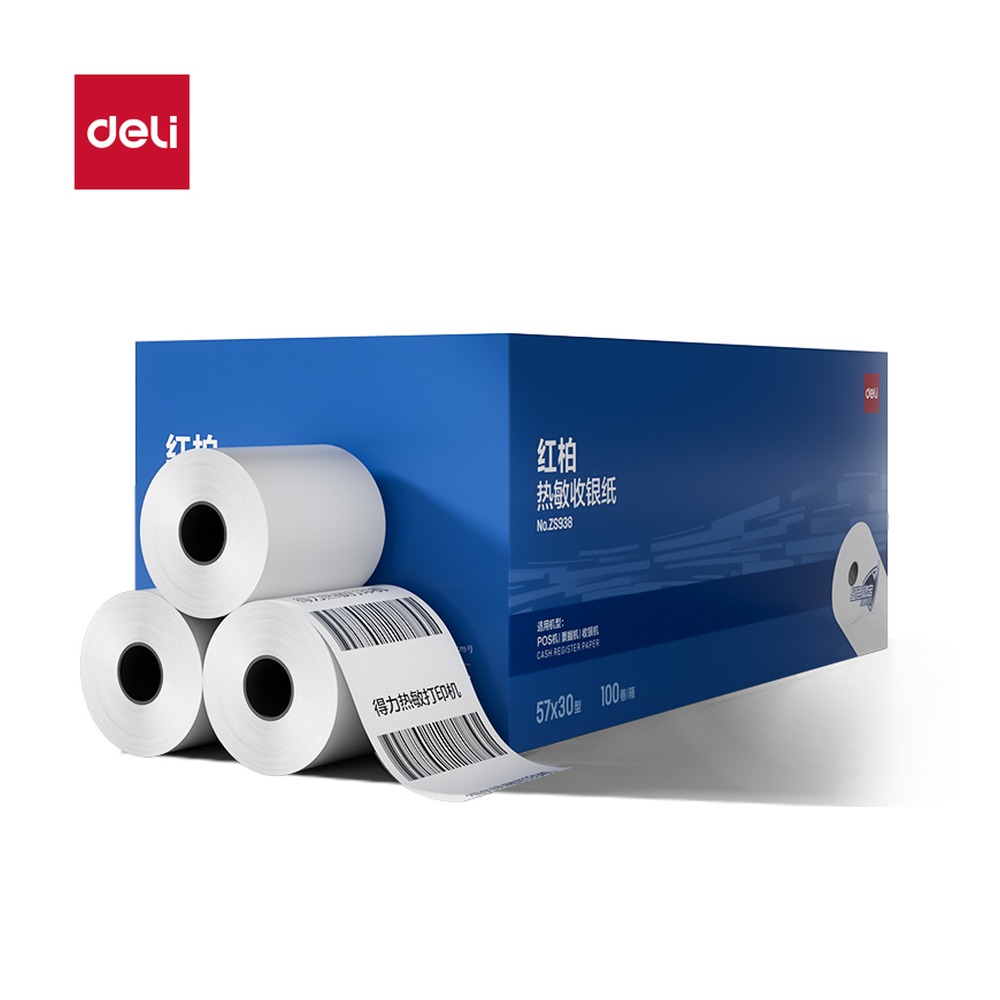 DELI/得力 红柏热敏收银纸型 ZS938 颜色:混；尺寸:57*30；包装:100卷/箱 单位:箱