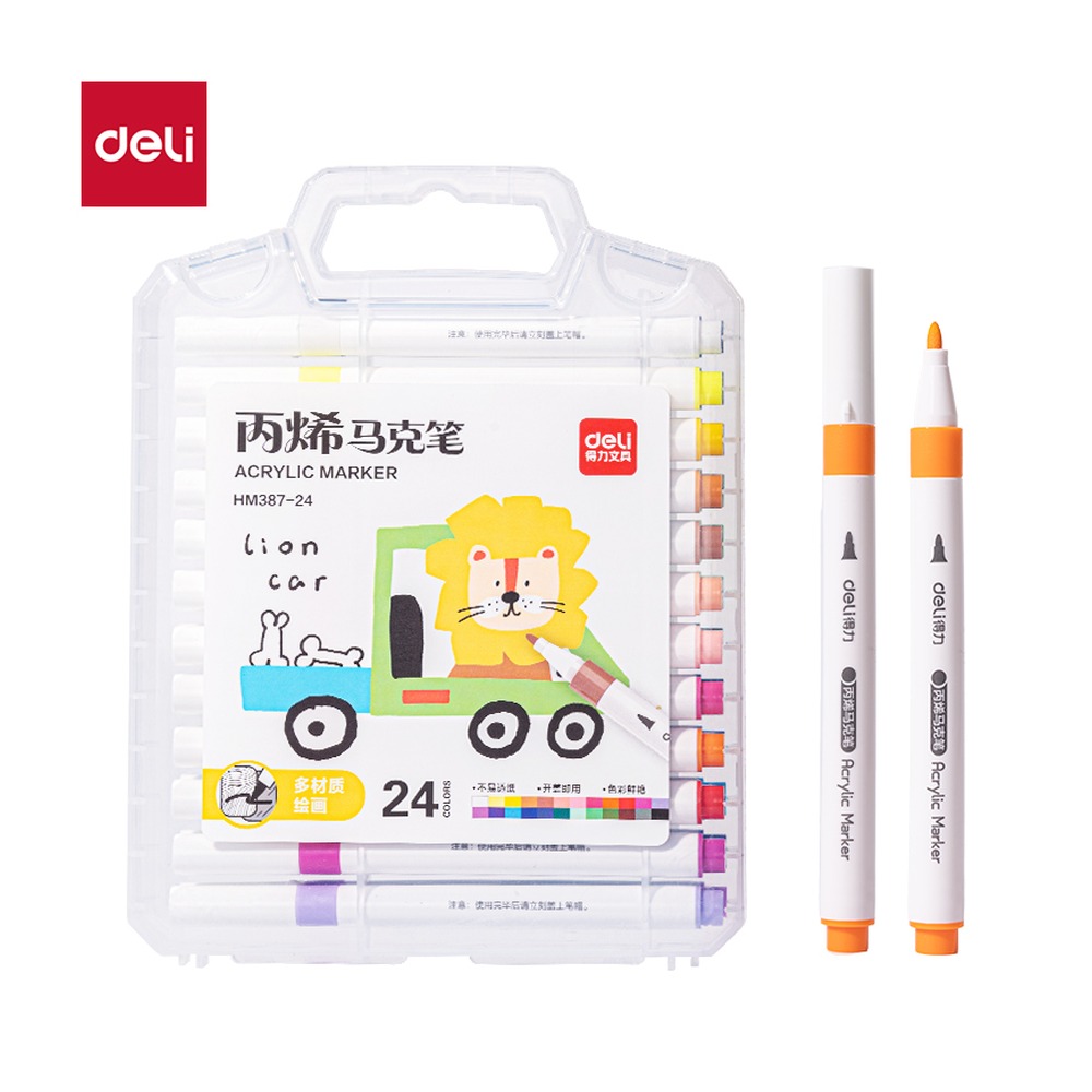 DELI/得力 盒圆杆丙烯马克笔 HM387-24 规格:(300*230*35)mm OS SES；颜色:混；材质:PP；包装:24色/盒；结构:圆杆 单位:盒