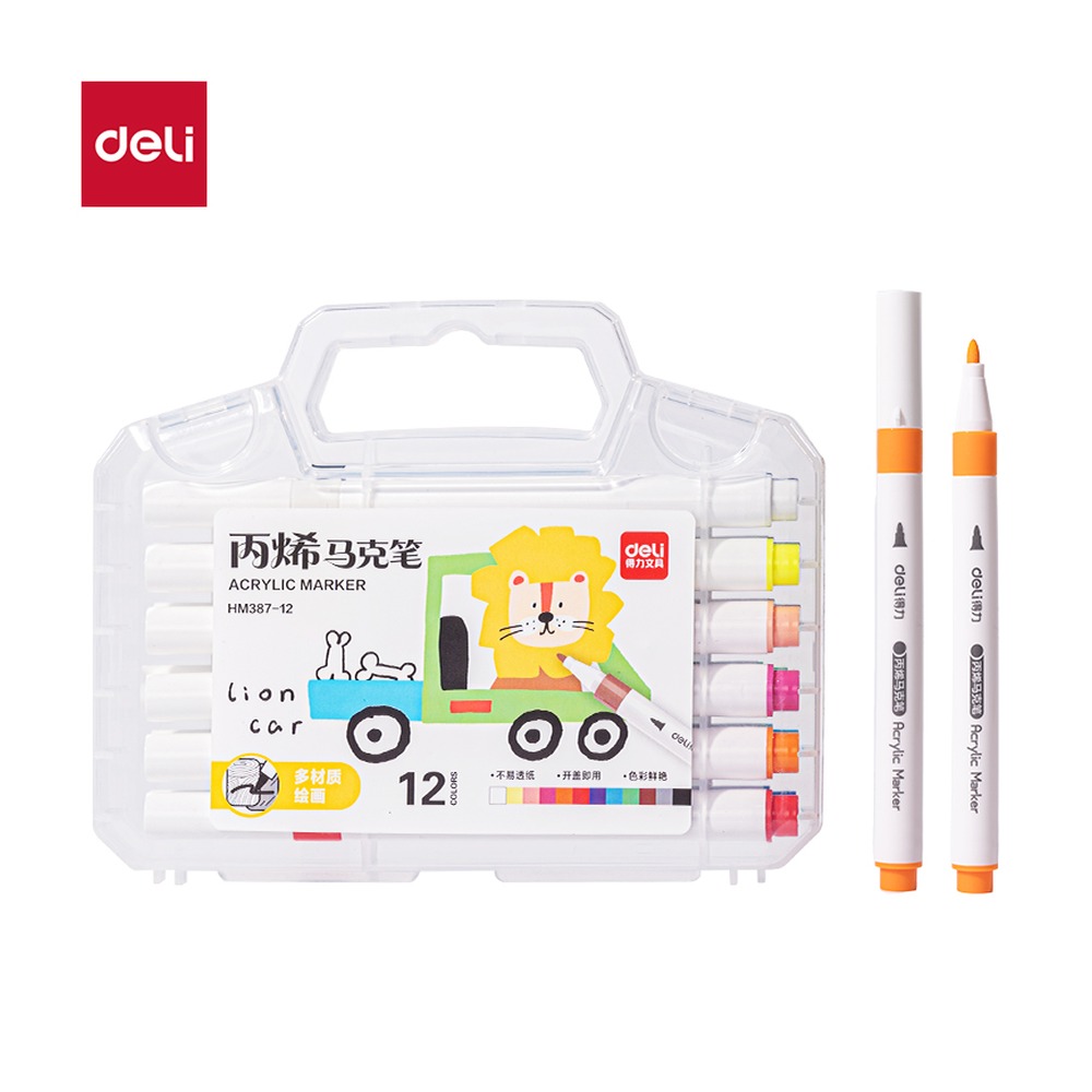 DELI/得力 盒圆杆丙烯马克笔 HM387-12 规格:(300*230*35)mm OS SES；颜色:混；材质:PP；包装:12色/盒 单位:盒