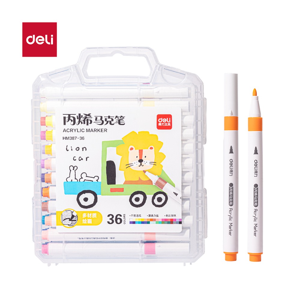 DELI/得力 盒圆杆丙烯马克笔 HM387-36 规格:(300*230*35)mm OS SES；颜色:混；材质:PP；包装:36色/盒 单位:盒