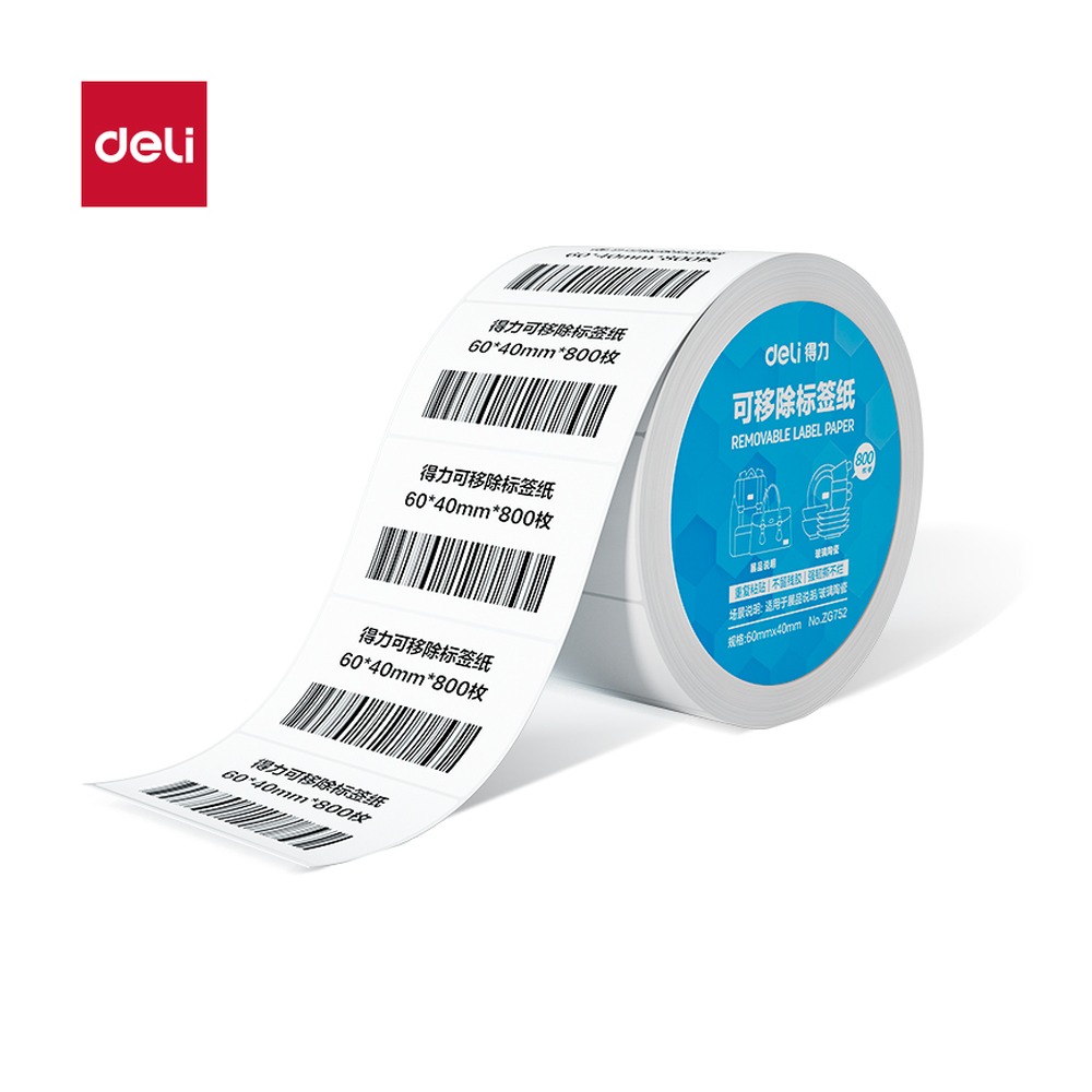 DELI/得力 标签纸 ZG752 颜色:白；材质:PP合成热敏膜；尺寸:40mm*800；包装:2卷/筒；其他:800枚；笔芯规格:40mm 单位:筒