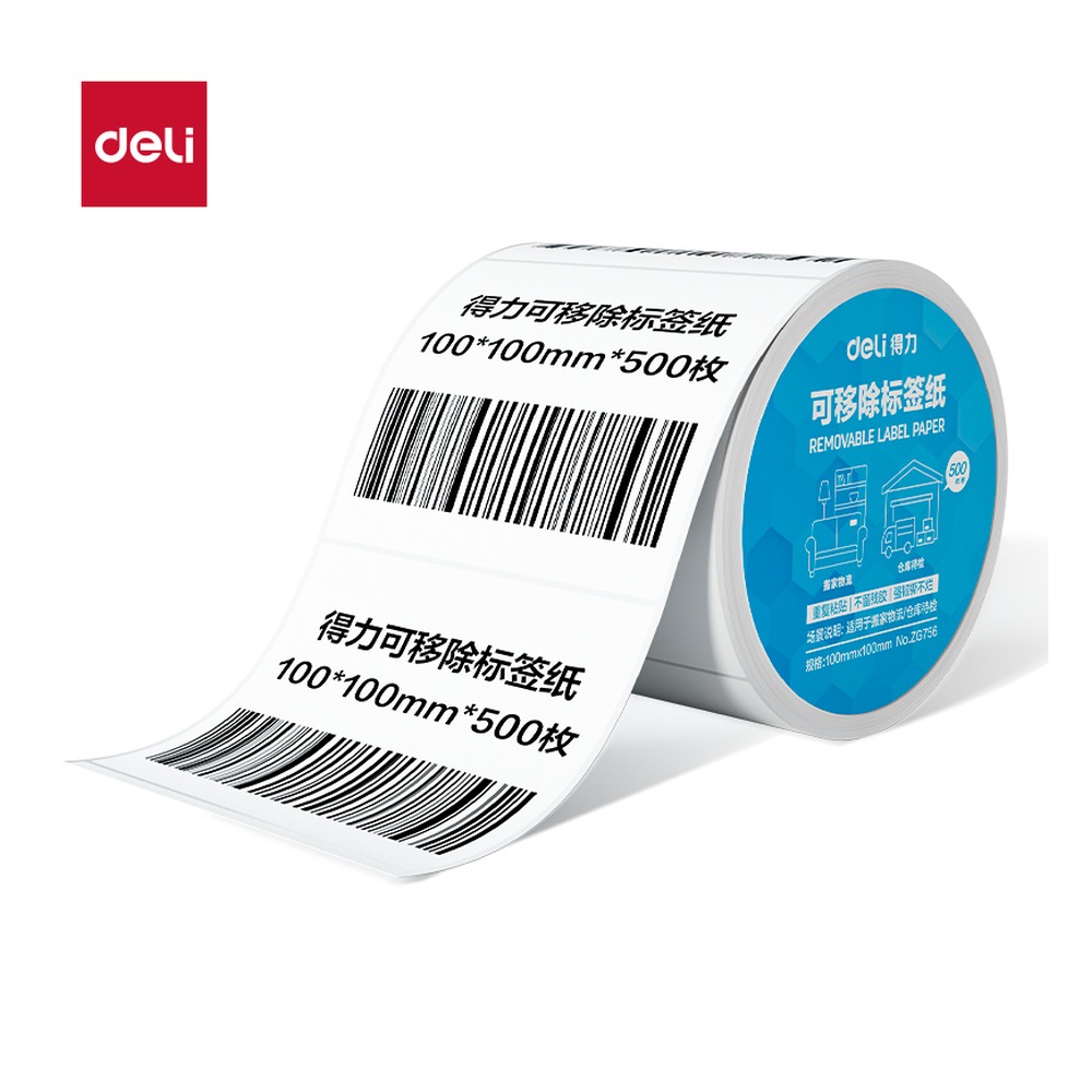 DELI/得力 标签纸 ZG756 颜色:白；材质:PP合成热敏膜；尺寸:100mm*100mm*500#Z；包装:1卷/筒；其他:500枚；笔芯规格:100mm 单位:筒