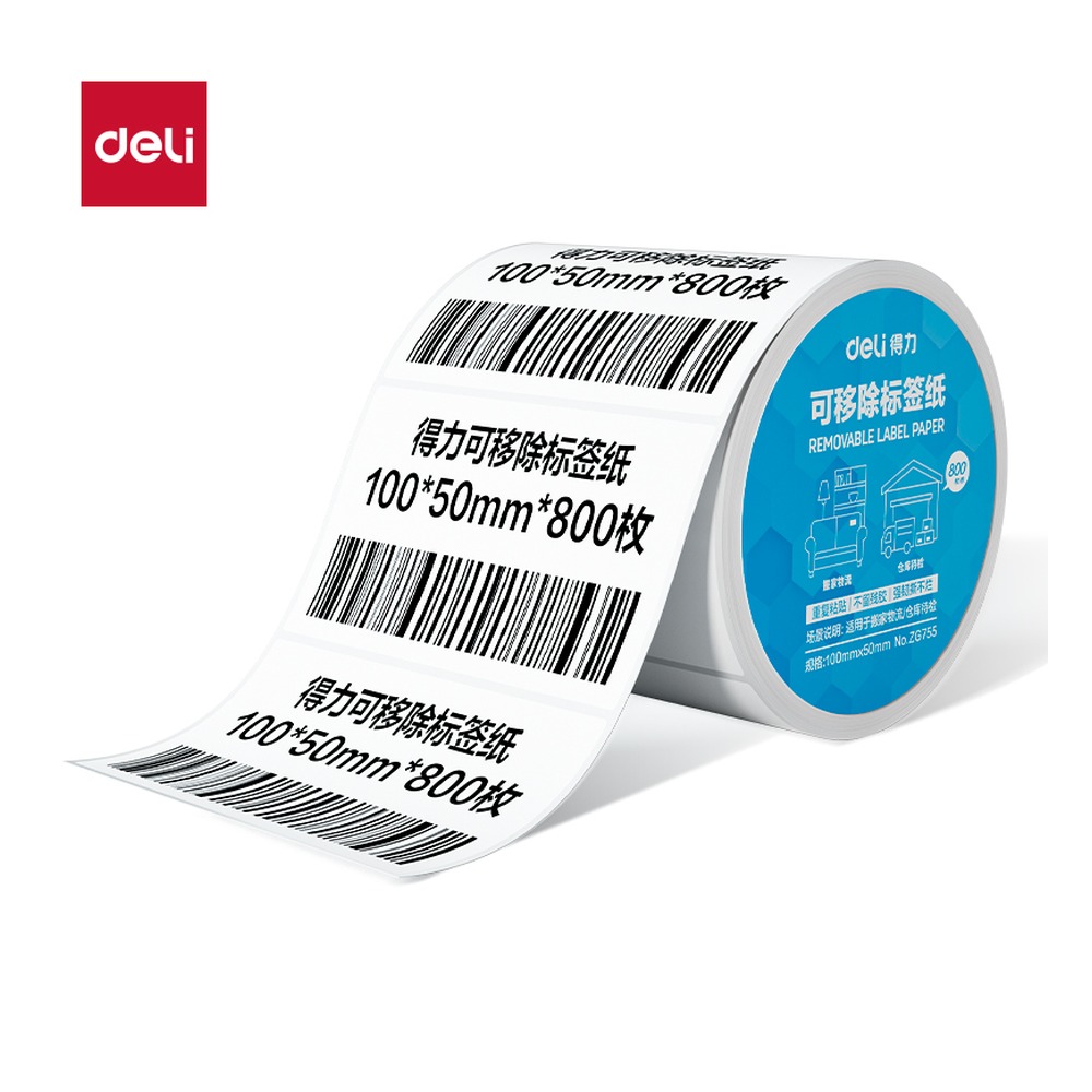 DELI/得力 标签纸 ZG755 颜色:白；材质:PP合成热敏膜；尺寸:100mmx*50mmx*800枚；包装:1卷/筒；其他:800枚；笔芯规格:50mm 单位:筒