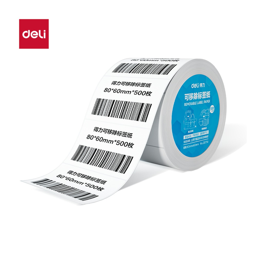 DELI/得力 标签纸 ZG754 颜色:白；材质:PP合成热敏膜；尺寸:80mm*60mm*800#8Z；包装:1卷/筒；其他:500枚；笔芯规格:60mm 单位:筒
