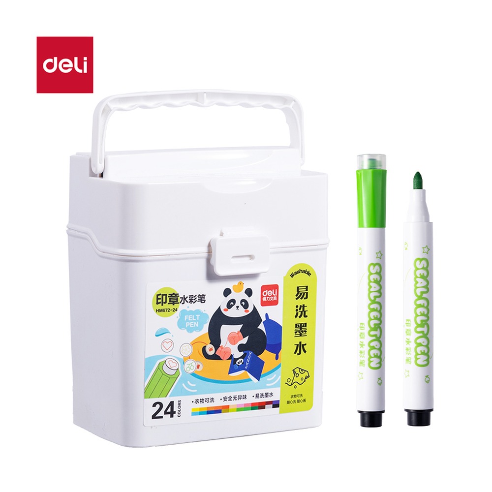 DELI/得力 筒装圆杆印章水彩笔水彩笔 HM672-24 规格:(130*115*115) mm _；颜色:混；材质:PP；包装:24色/筒 单位:筒