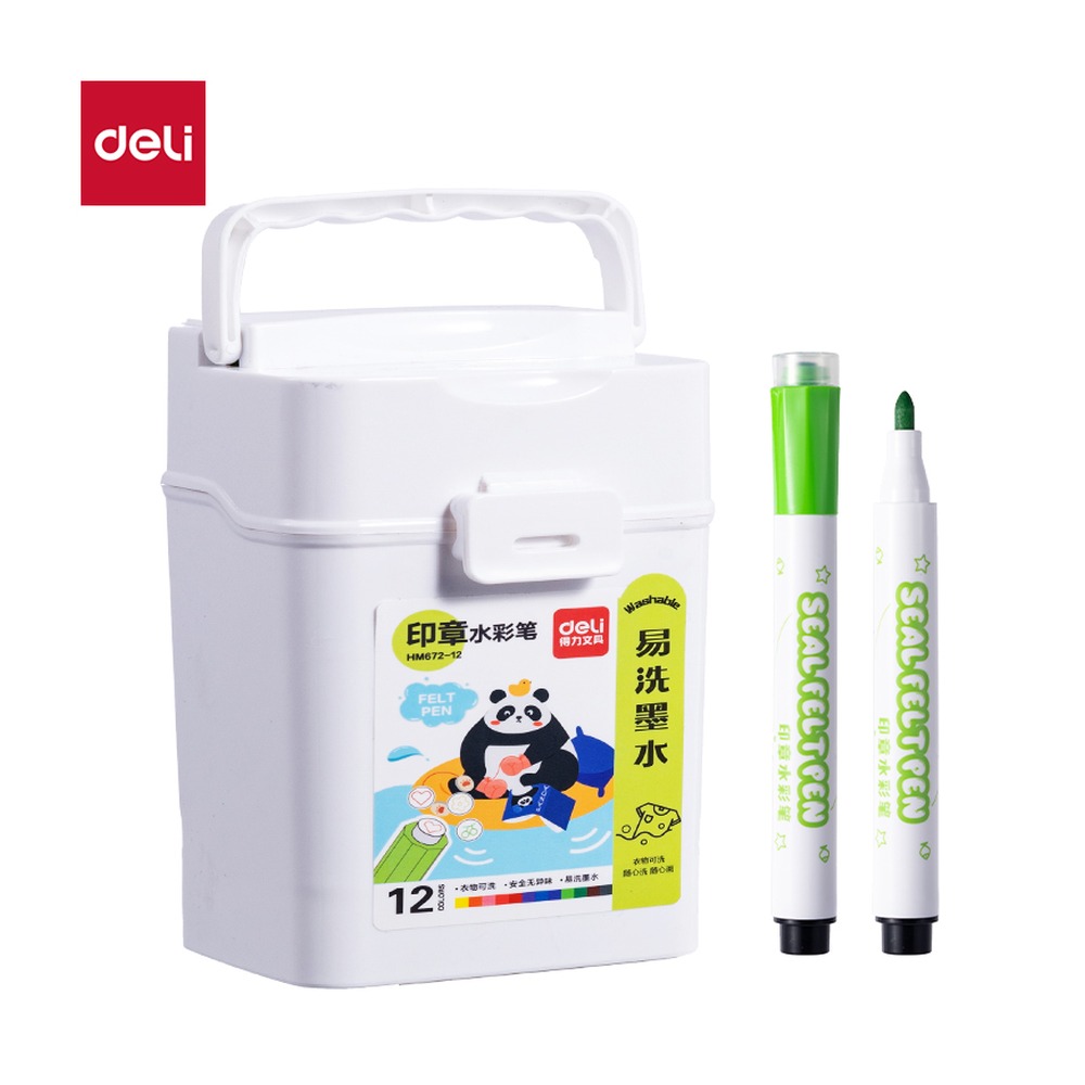 DELI/得力 筒装圆杆印章水彩笔水彩笔 HM672-12 规格:(130*115*115) mm _；颜色:混；材质:PP；包装:12色/筒 单位:筒