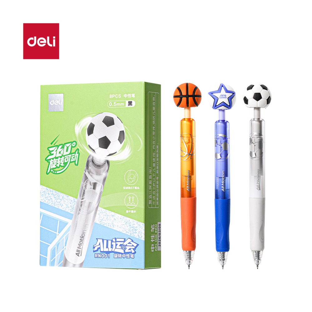 DELI/得力 运动系列速干按动学生中性笔 RN001 颜色:黑；尺寸:0.5mm；包装:支；结构:双球珠ST笔头；笔芯规格:0.5mm 单位:卡