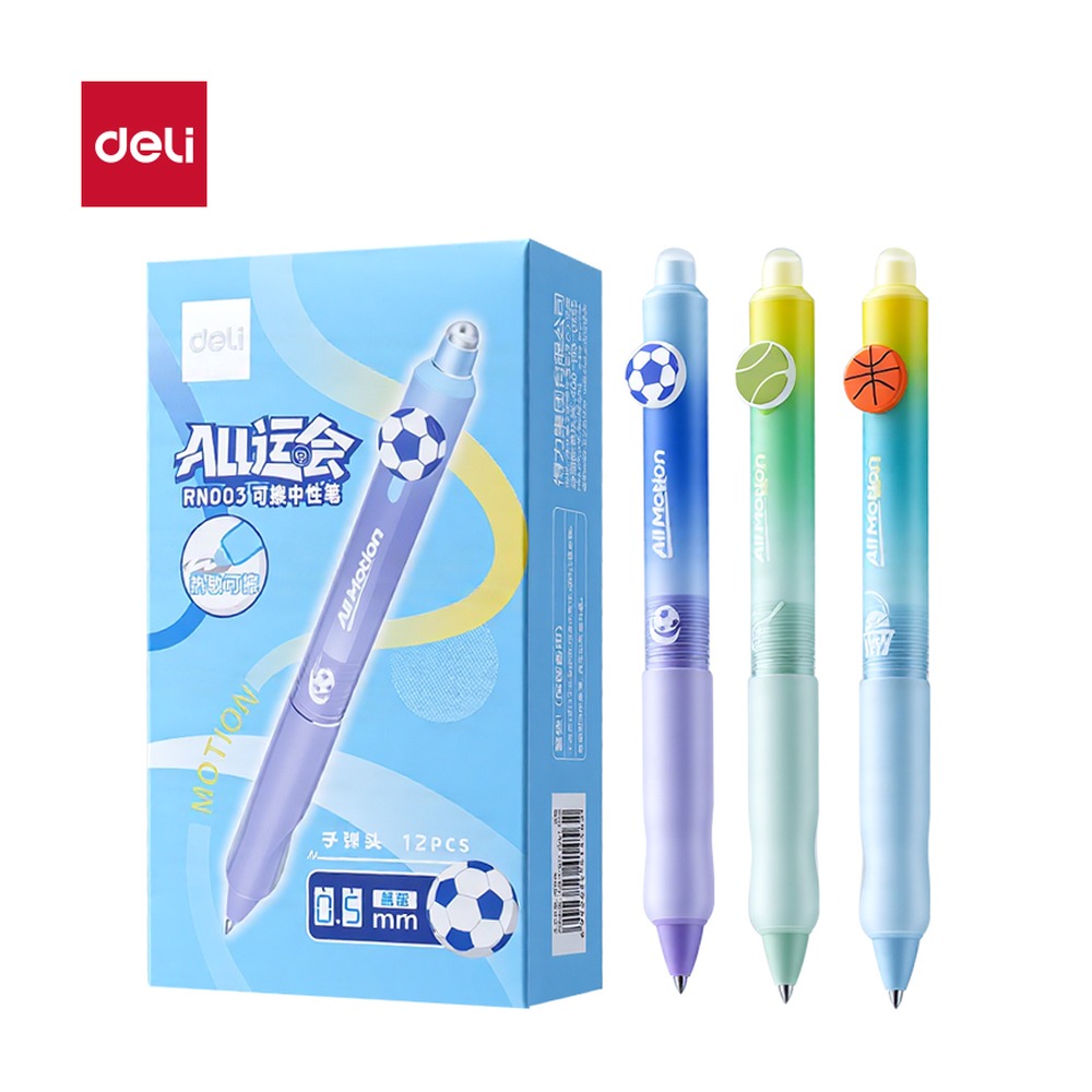 DELI/得力 运动系列按动可擦中性笔 RN003 颜色:晶蓝；尺寸:0.5mm；笔芯规格:0.5mm子弹头 单位:支