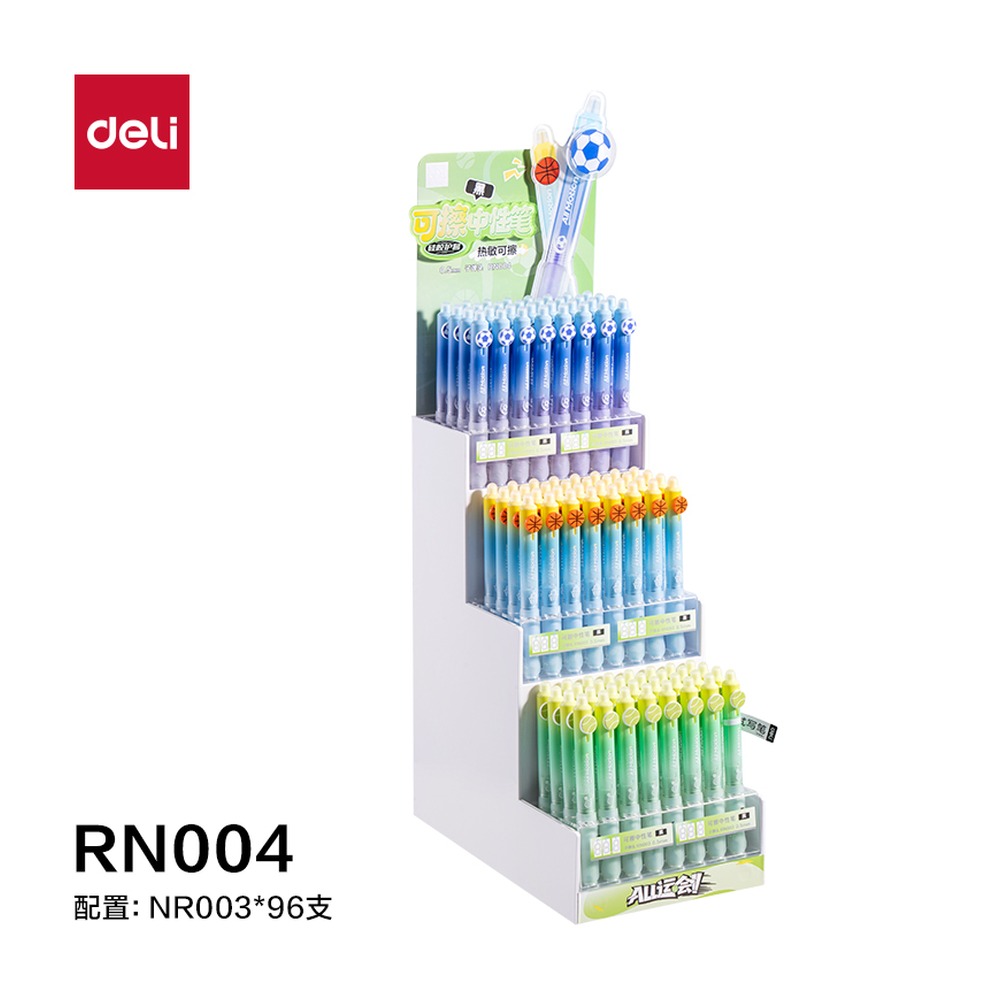 DELI/得力 运动系列按动可擦中性笔展架 RN004 颜色:黑；包装:96支/架 单位:套
