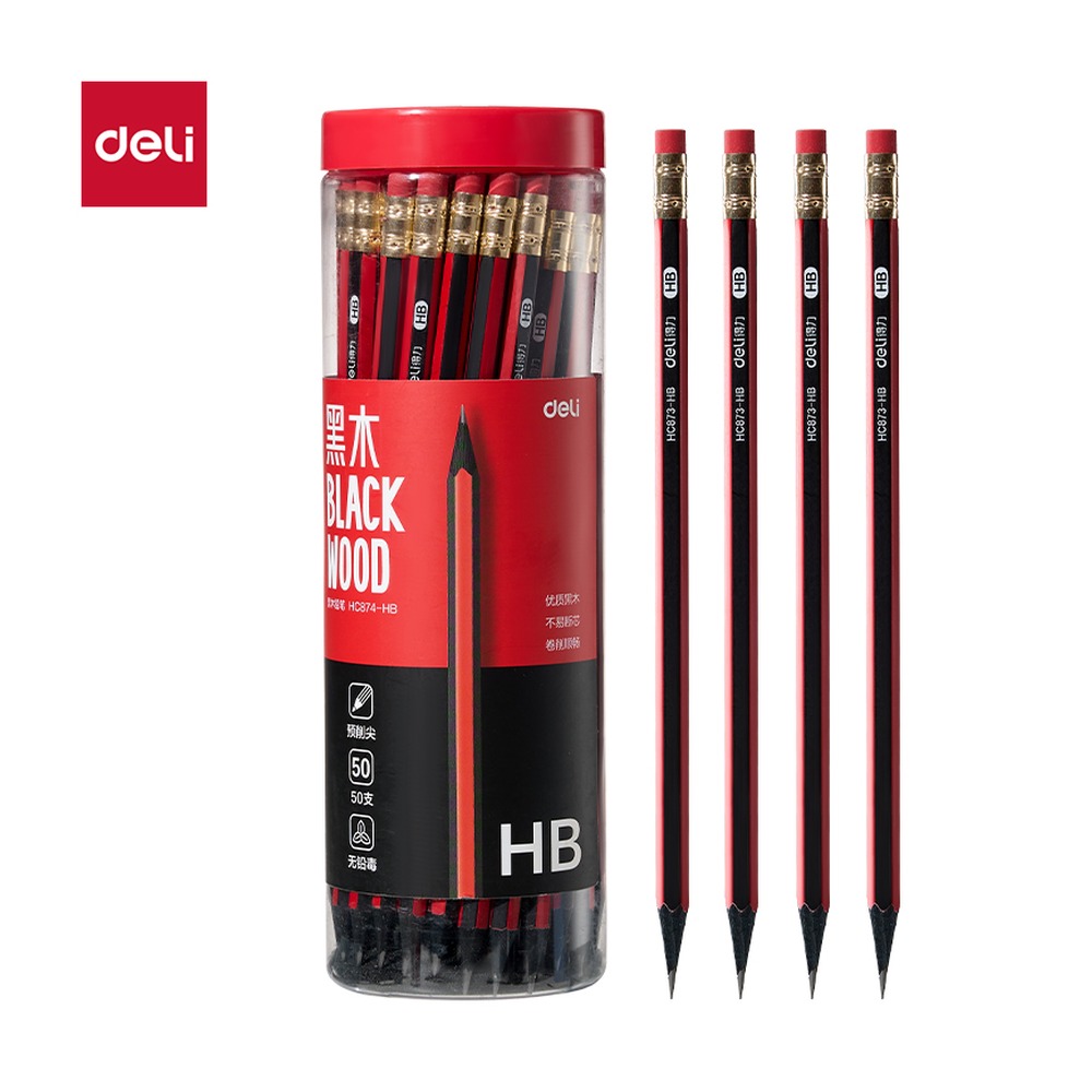 DELI/得力 六角红黑黑木书写铅笔HB HC874-HB 颜色:混；包装:50支/筒 单位:筒