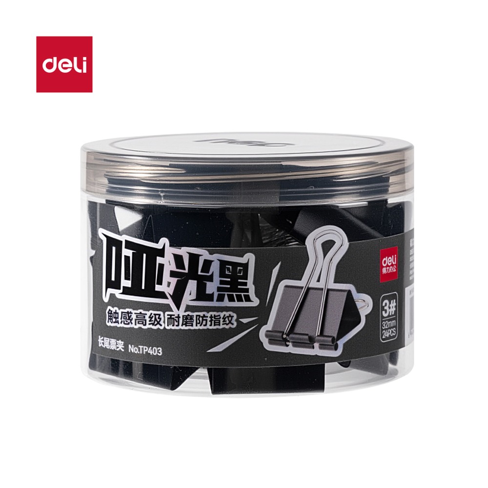 DELI/得力 哑光长尾票夹夹宽筒装 TP403 颜色:黑；尺寸:32MM；包装:24个/筒；其他:3#；笔芯规格:32MM 单位:筒