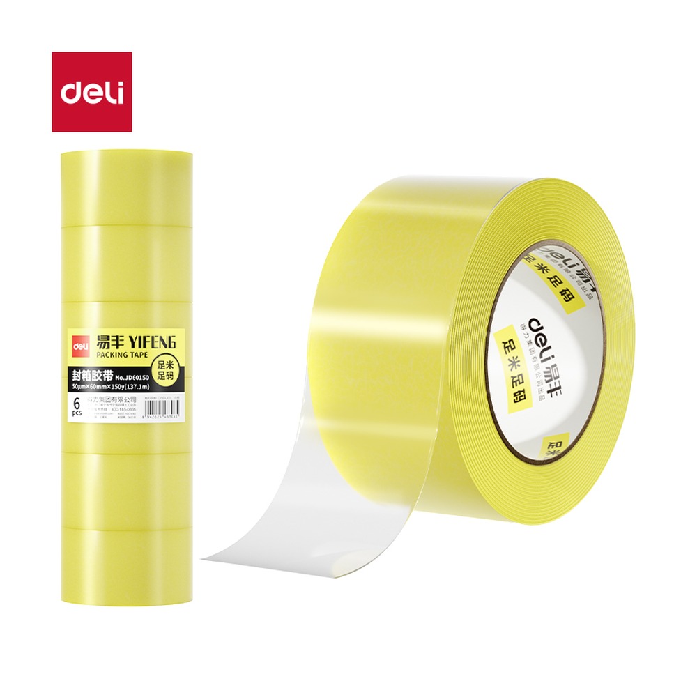 DELI/得力 工业胶带 JD60150 颜色:透明黄；尺寸:60mm*150；包装:6卷/筒；笔芯规格:60mm 单位:筒