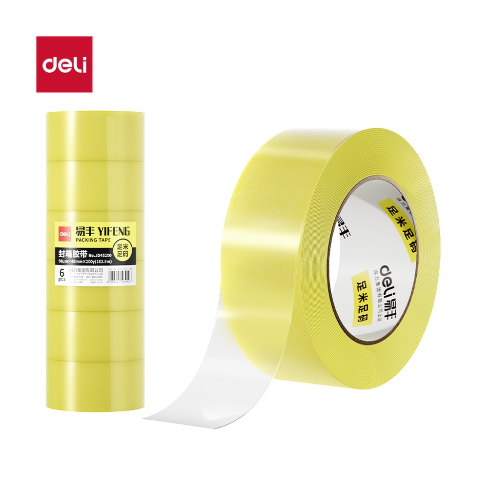 DELI/得力 工业胶带 JD45200 颜色:透明黄；尺寸:45mm*200；包装:6卷/筒；笔芯规格:45mm 单位:筒
