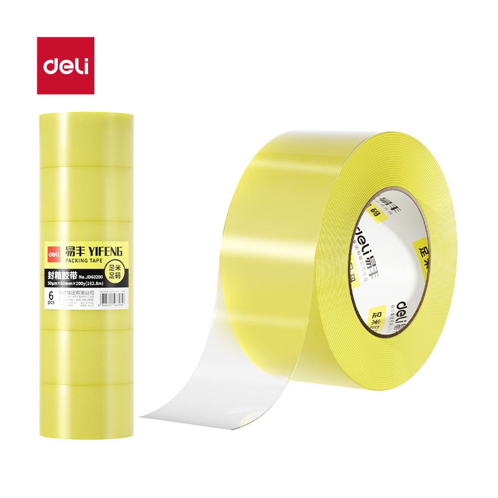 DELI/得力 工业胶带 JD60200 颜色:透明黄；尺寸:60mm*200；包装:6卷/筒；笔芯规格:60mm 单位:筒