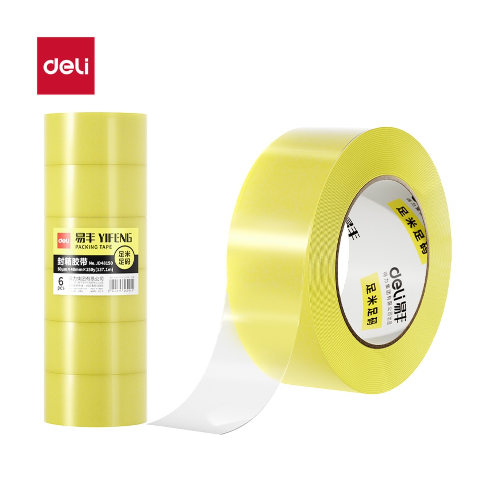 DELI/得力 工业胶带 JD48150 颜色:诱明黄；尺寸:48mm*150；包装:6卷/筒；笔芯规格:48mm 单位:筒